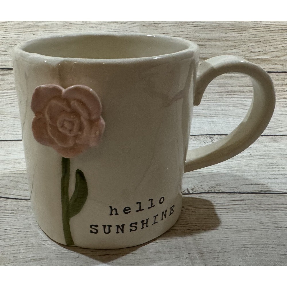 Mudpie Floral 3D Rose HELLO SUNSHINE Coffee Tea Mug Cup EXCELLENT